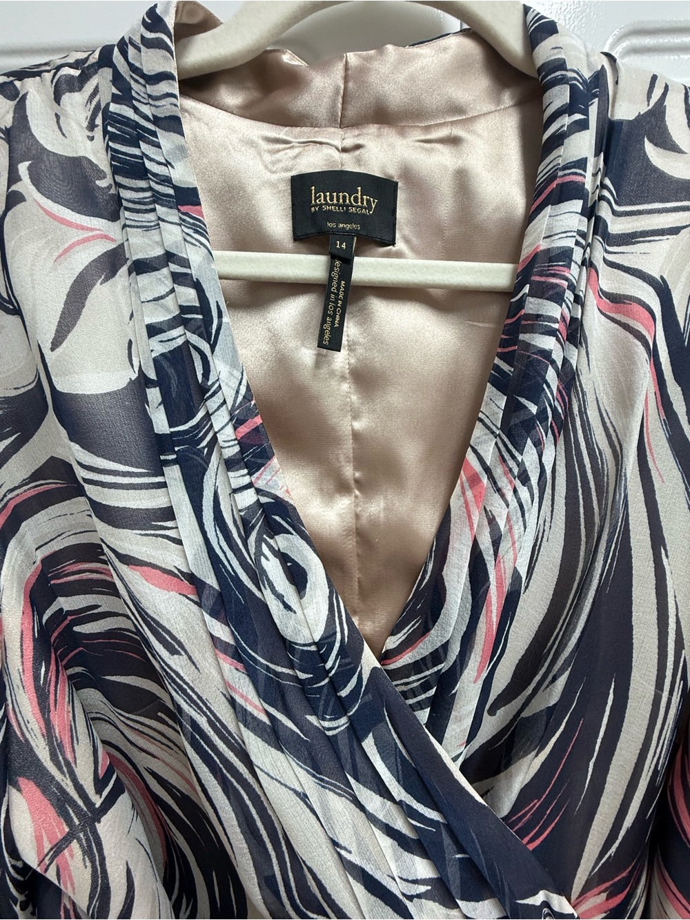 Shelli Segal Navy, Cream & Pink Swirl Wrap Silk Dress - Picture 4 of 6